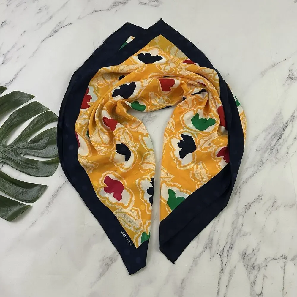 Echo Womens Vintage 90s Silk Blend Scarf Blue Yellow Floral Large Square